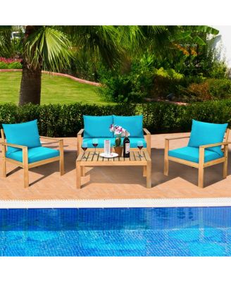 4 Piece Outdoor Furniture Set Patio Acacia Wood Conversation Set w/ Cushions