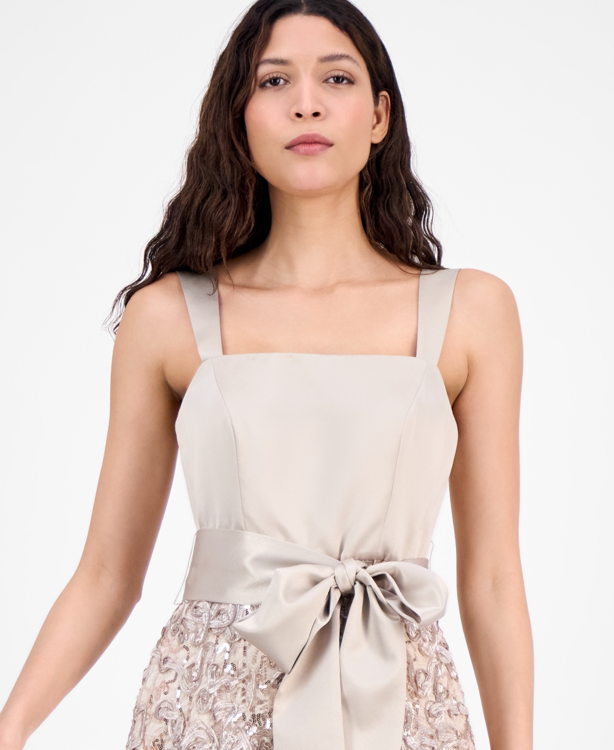 Tahari Asl Sequin Soutache Satin Cocktail Dress In Champagne