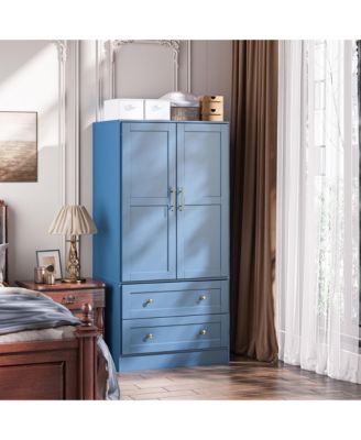 Shaker Style Classic Two-Door Wardrobe, Solid Wood Bedroom Armoire with Hanging Rod and Shelves