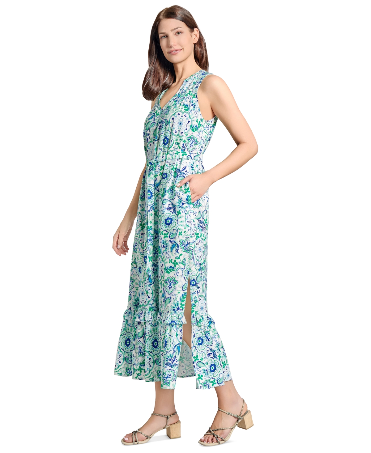 Jones New York Petite Side-slit Printed Ruffle Dress