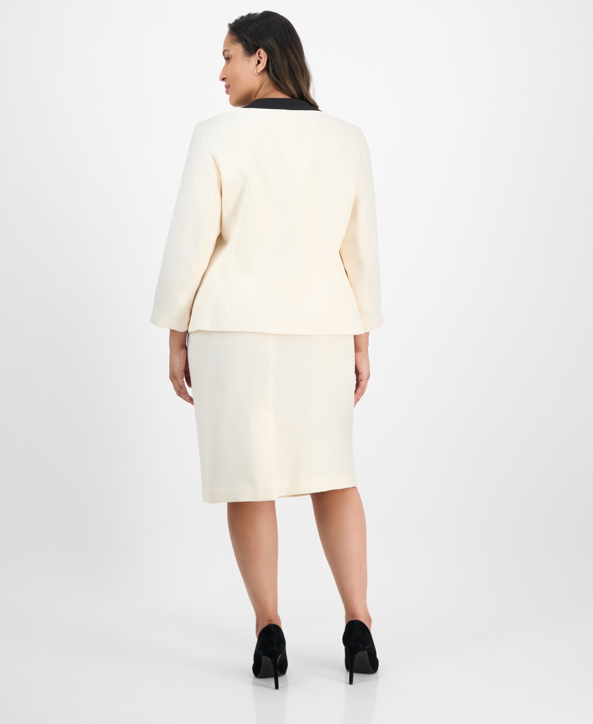 Le Suit Plus Size Tipped 3/4-sleeve Jacket And Skirt Suit In Neutral