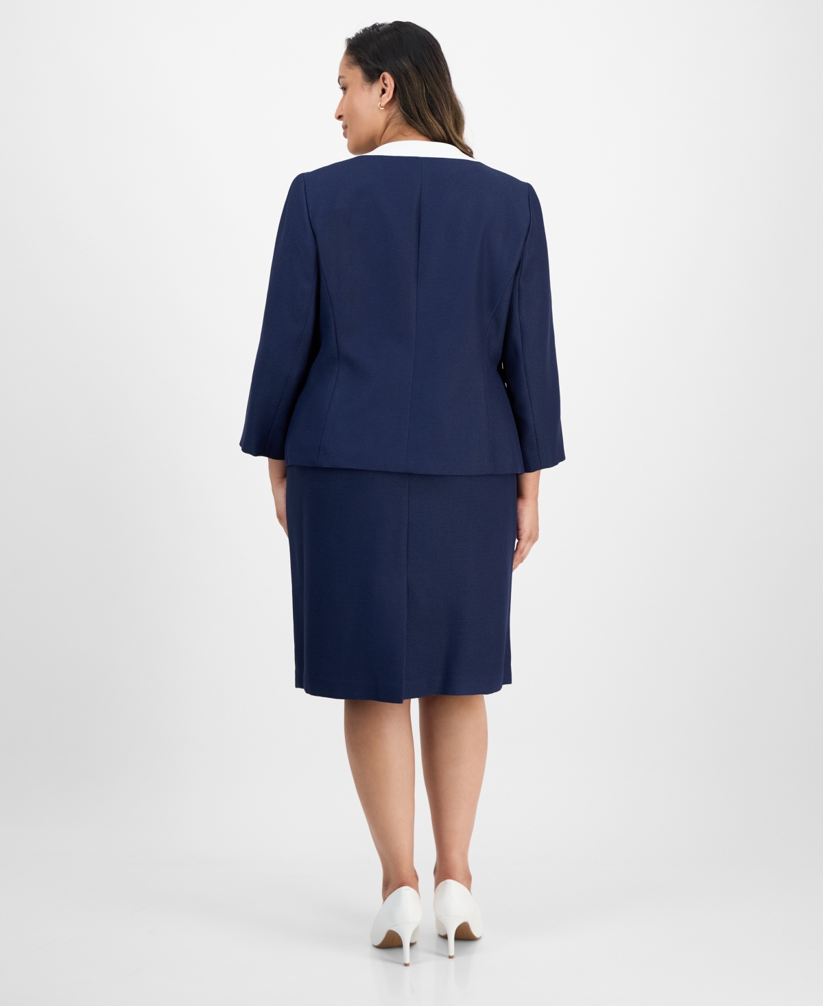 Le Suit Plus Size Tipped 3/4-sleeve Jacket And Skirt Suit In Blue