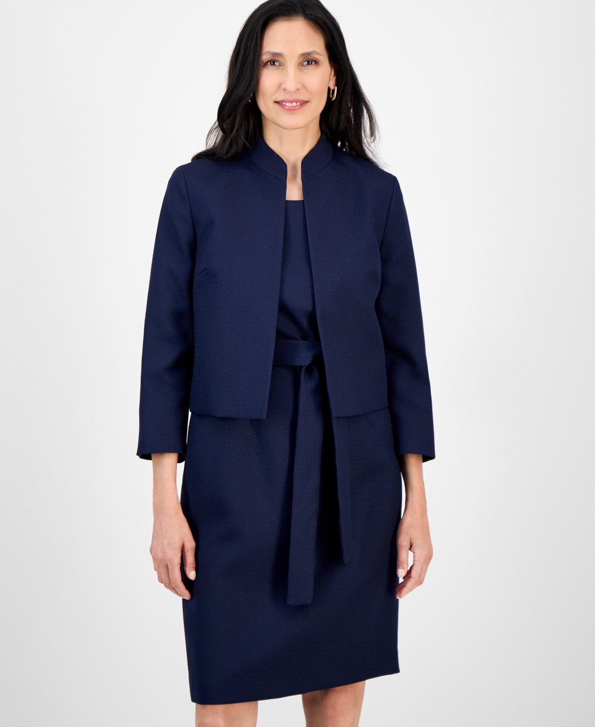 Le Suit Women's 3/4-sleeve Jacket And Belted Sheath Dress Suit, Regular & Petite In Blue
