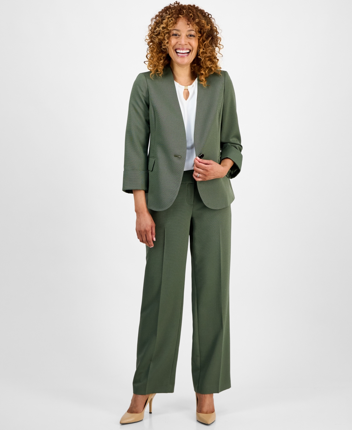 Le Suit Women's Collarless Wide-leg Pantsuit In Green