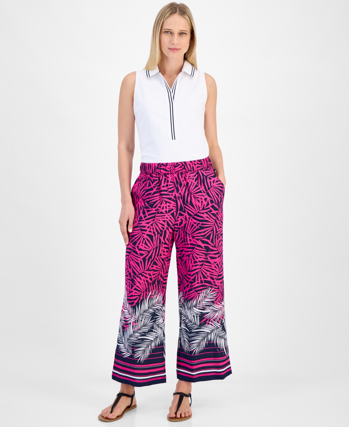Women's Palm-Print Wide-Leg Pull-On Pants - Hot Pink Multi
