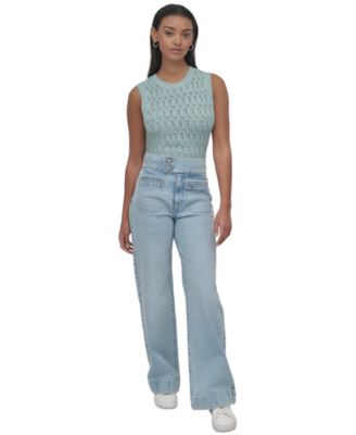 Womens Cotton Pointelle Knit Sleeveless Sweater High Rise Tab Waist Wide Leg Jeans