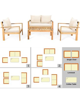 4 Piece Outdoor Furniture Set Patio Acacia Wood Conversation Set w/ Cushions