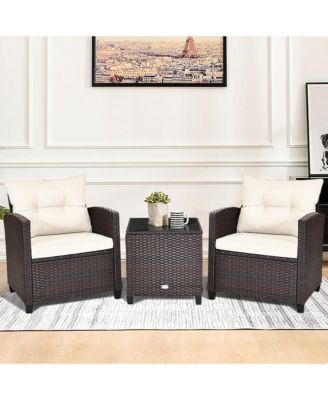 3PCS Patio Outdoor Rattan Conversation Set Garden Yard w/ Cushions Coffee Table