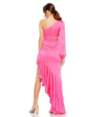 Women's One Sleeve Cut Out Asymmetrical Ruffled Gown