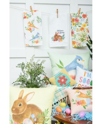 Yellow Floral Bunny Woven Spring Easter Themed Accent Throw Pillow, 18" x 18"