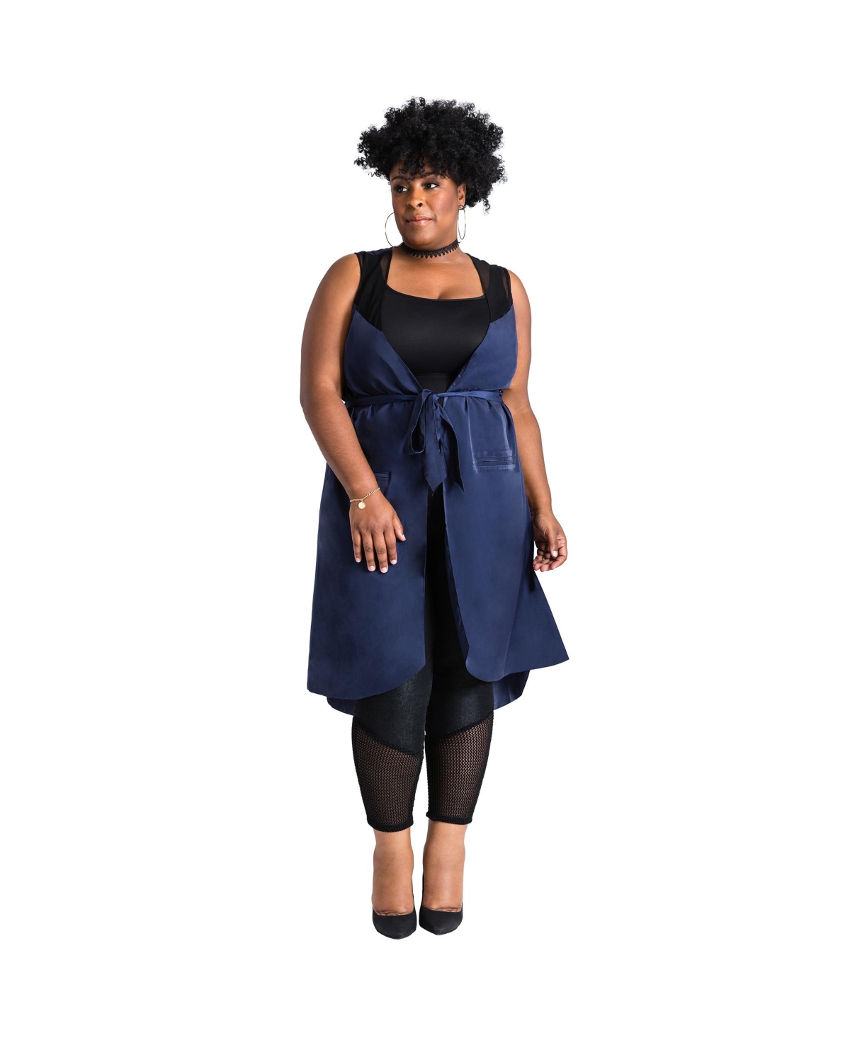 Plus Size Tie-Belt Long Vest Jacket - Navy
