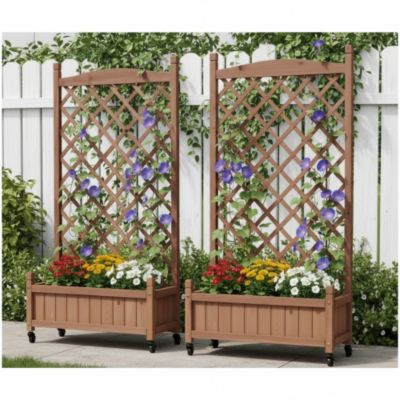 Raised Garden Bed with Trellis 2 Pack Outdoor Wooden Planter Box Plant Stand with Climbing Racks Natural Wood