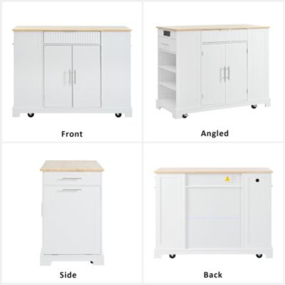 K K Fluted Kitchen Island with Trash Can Storage Power Outlet 3 Drawers Open Side Racks 5 Wheels White