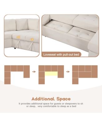 3-Piece Fabric Sectional Sofa – Pull-out Sleeper Bed, Lounge Chair, USB & Type-C Ports – Living Room/Office Furniture