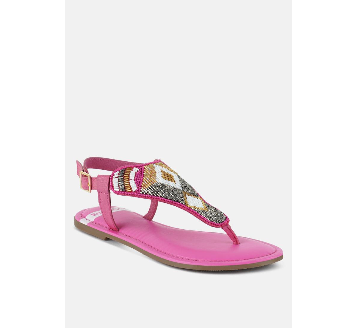Chitra Pin Buckle Beaded Flat Sandals - Beige