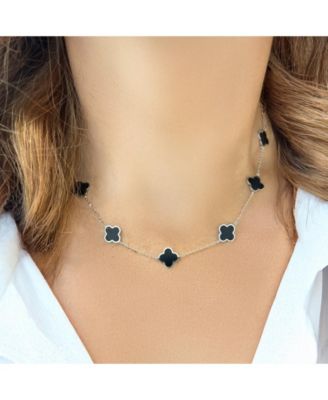 Small Onyx Clover Necklace 14K White Gold