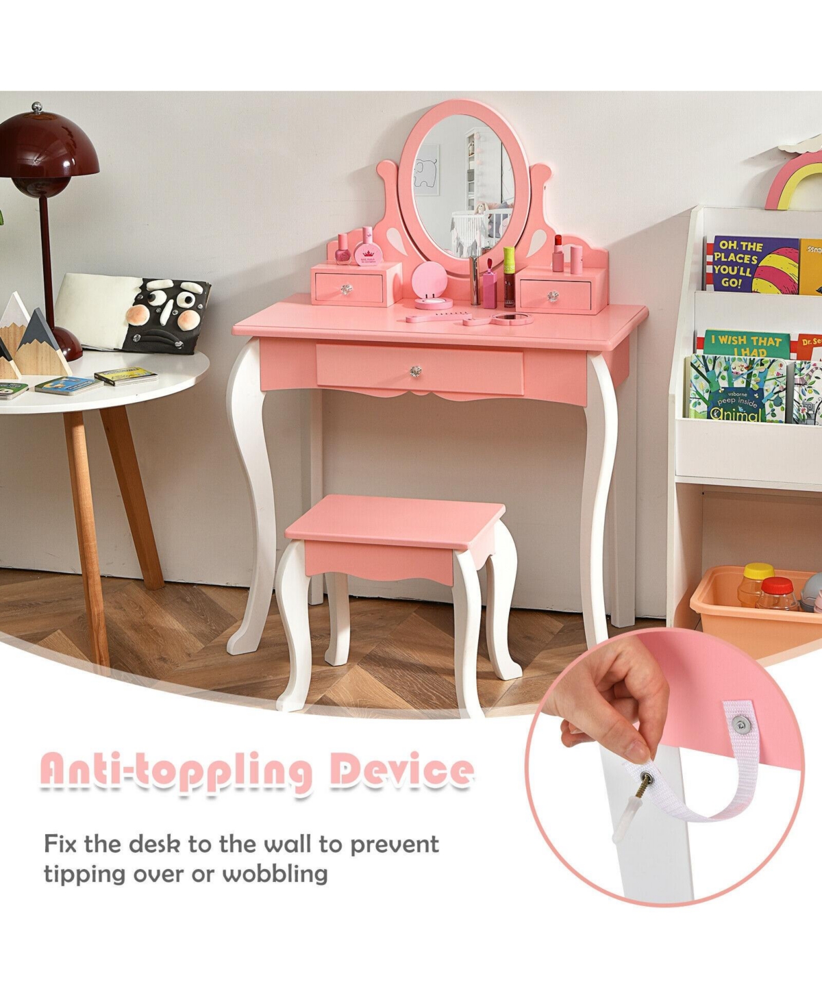 Kids Vanity Princess Makeup Dressing Table Stool Set with Mirror and Drawer