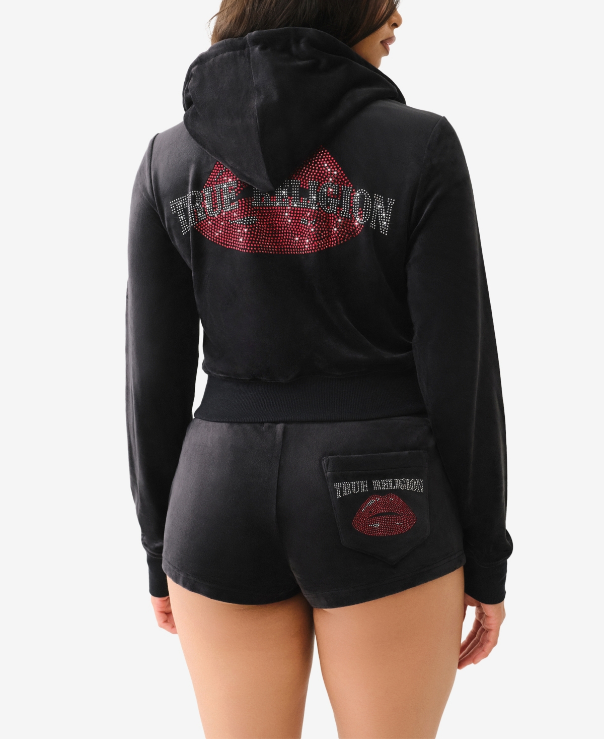 TRUE RELIGION WOMEN'S CRYSTAL LIPS SHRUNKEN HOODIE SWEATSHIRT 