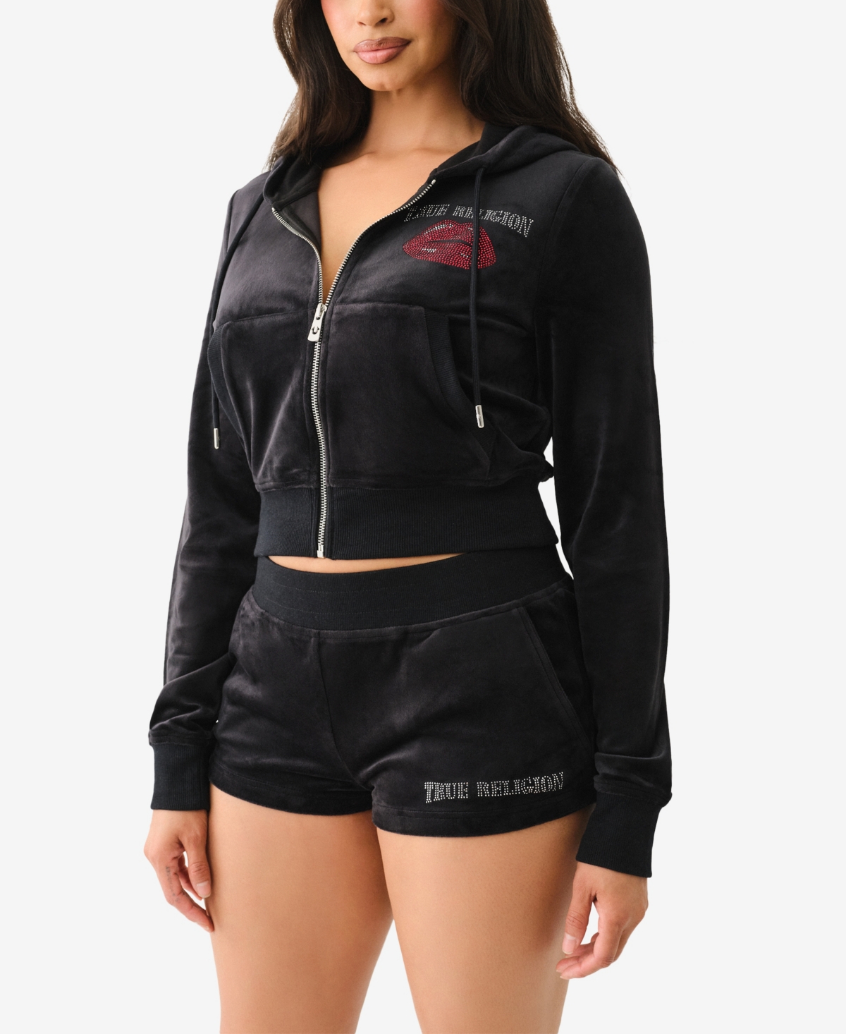 TRUE RELIGION WOMEN'S CRYSTAL LIPS SHRUNKEN HOODIE SWEATSHIRT 