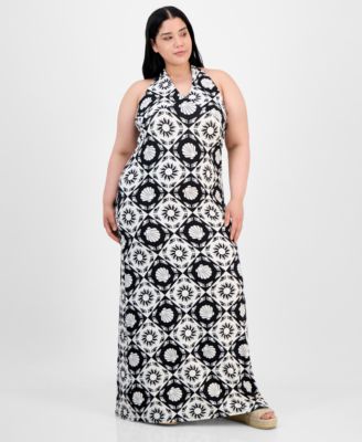 Trendy Plus Size Mixed-Print Halter Maxi Dress