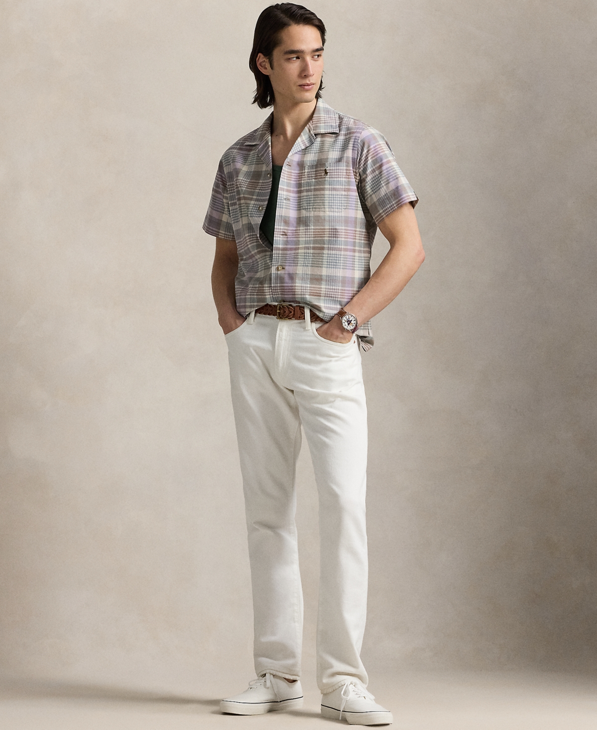 Polo Ralph Lauren Mens 6815 Khaki Green Multi Check-print Short-sleeves Cotton-poplin Shirt Xxl