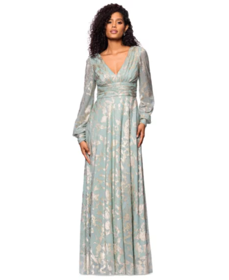 Petite V-Neck Long-Sleeve A-Line Gown - Sage/Gold