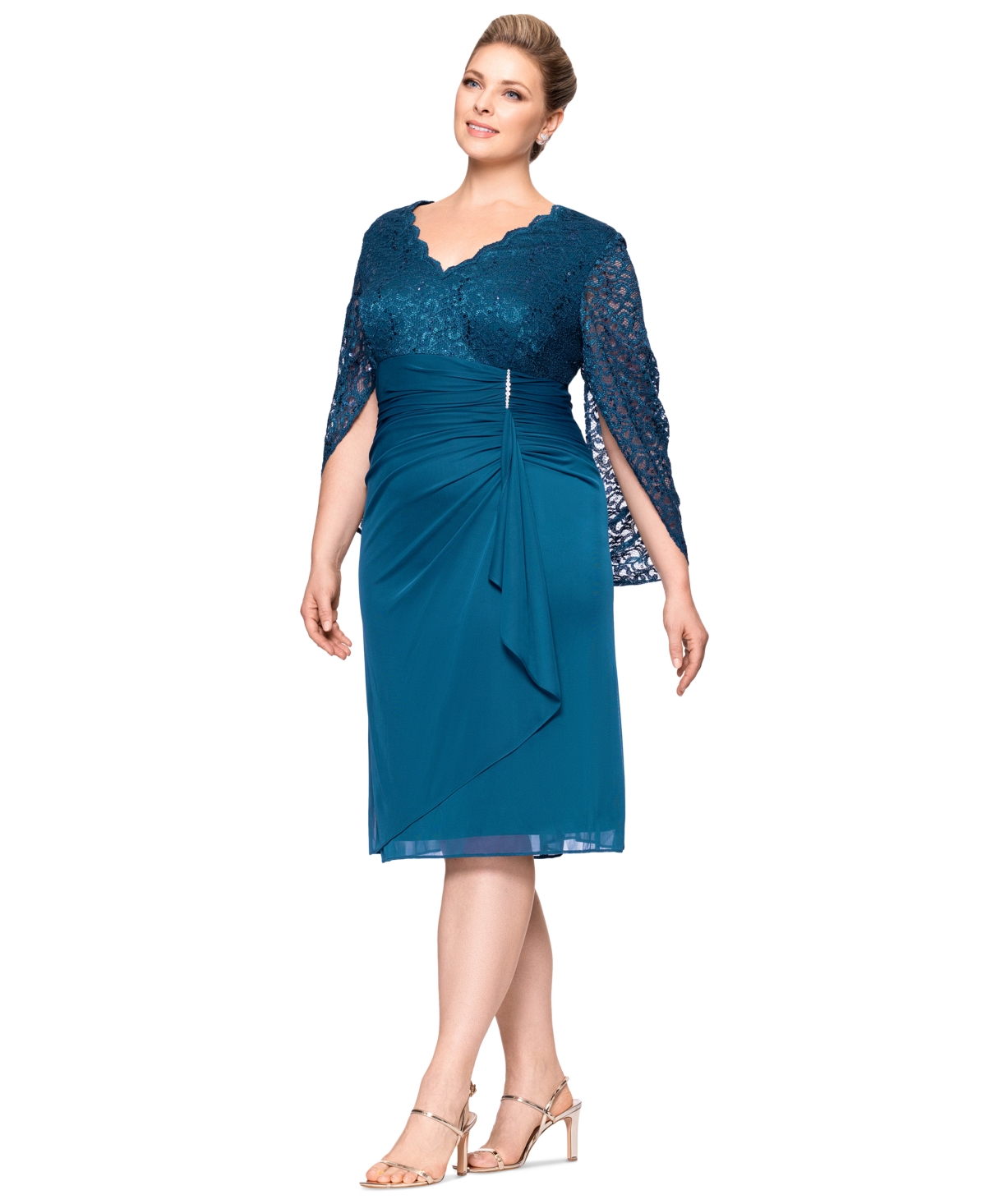 BETSY & ADAM BETSY & ADAM PLUS SIZE LACE DRAPED-BACK SHEATH DRESS 