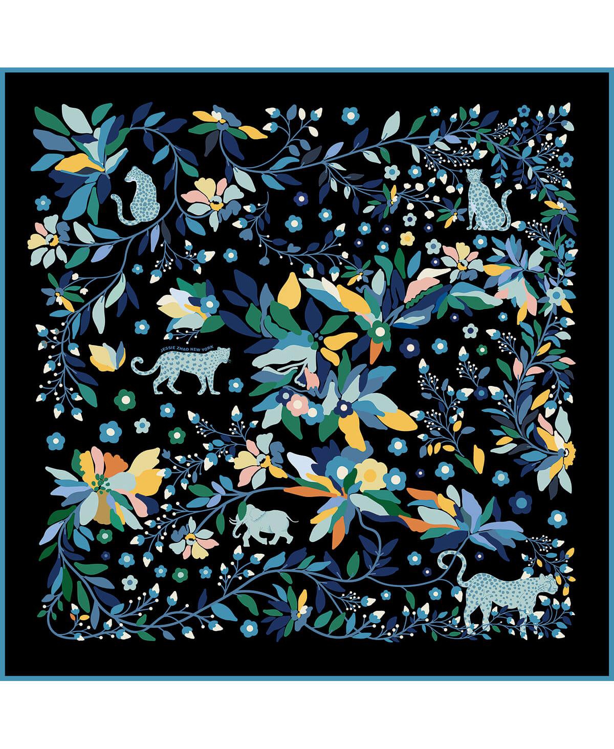 Double Sided Wool Silk Scarf Of Night Jungle Reverie - Black / blue