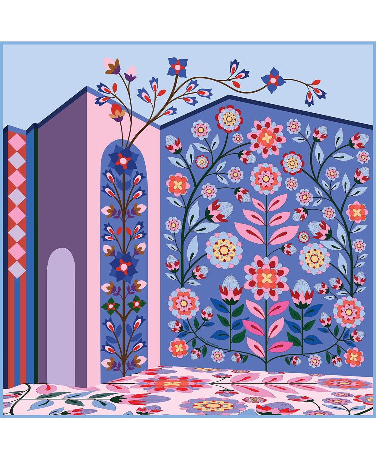 Double Sided Wool Silk Scarf Of Flower Imagination - Blue / pink