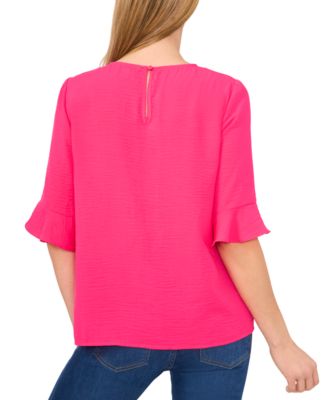 Women's Textured Ruffled-Cuff 3/4-Sleeve Crew Neck Blouse
