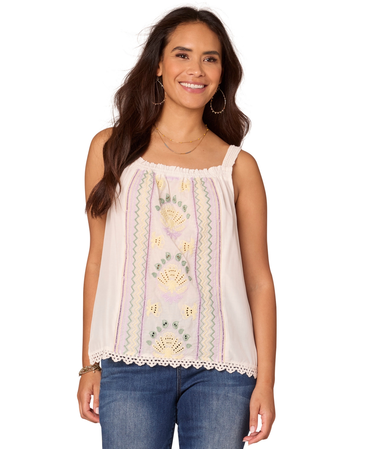 Petite Ruched Embroidered Square-Neck Top - Off White Multi