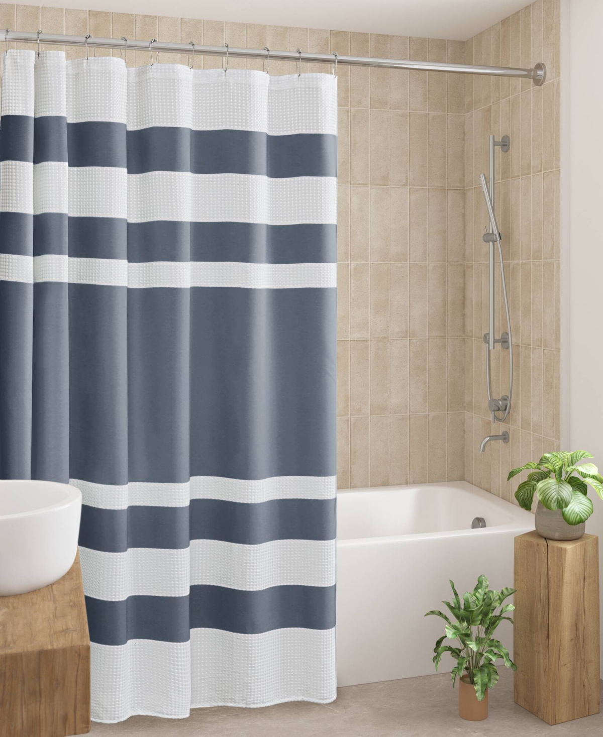 Madison Park Spa Waffle 3m-scotchgard Shower Curtain, 72" X 84" In Dark Blue