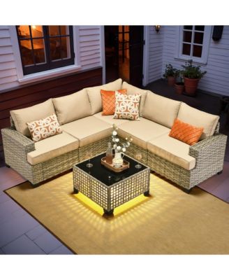 Outdoor Patio Furniture Set,6 Pieces Rattan Sectional Patio Furniture Set,Outside Coversation Set with Extra Deep Outdoor Sofa Couch and Solar Coffee Table for Porch Balcony Backyard Deck Poolside
