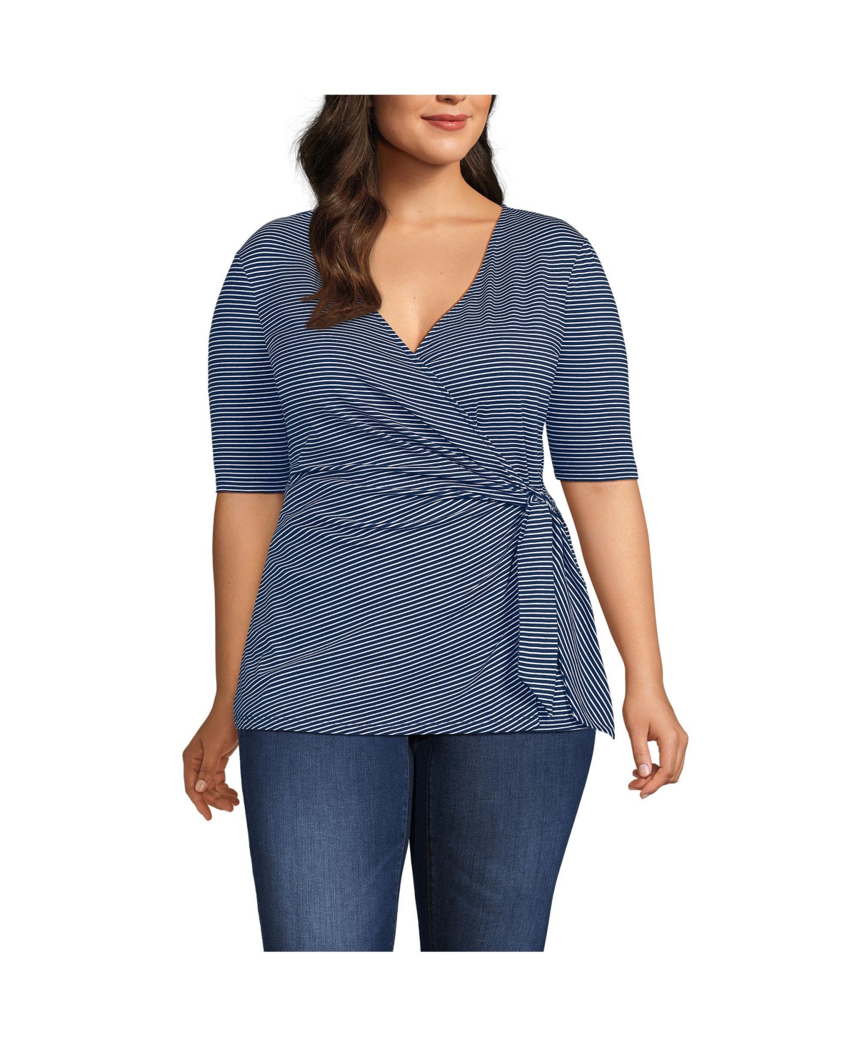 Plus Size Elbow Sleeve Lightweight Jersey Side Tie Blouse - Deep sea navy tiny stripe