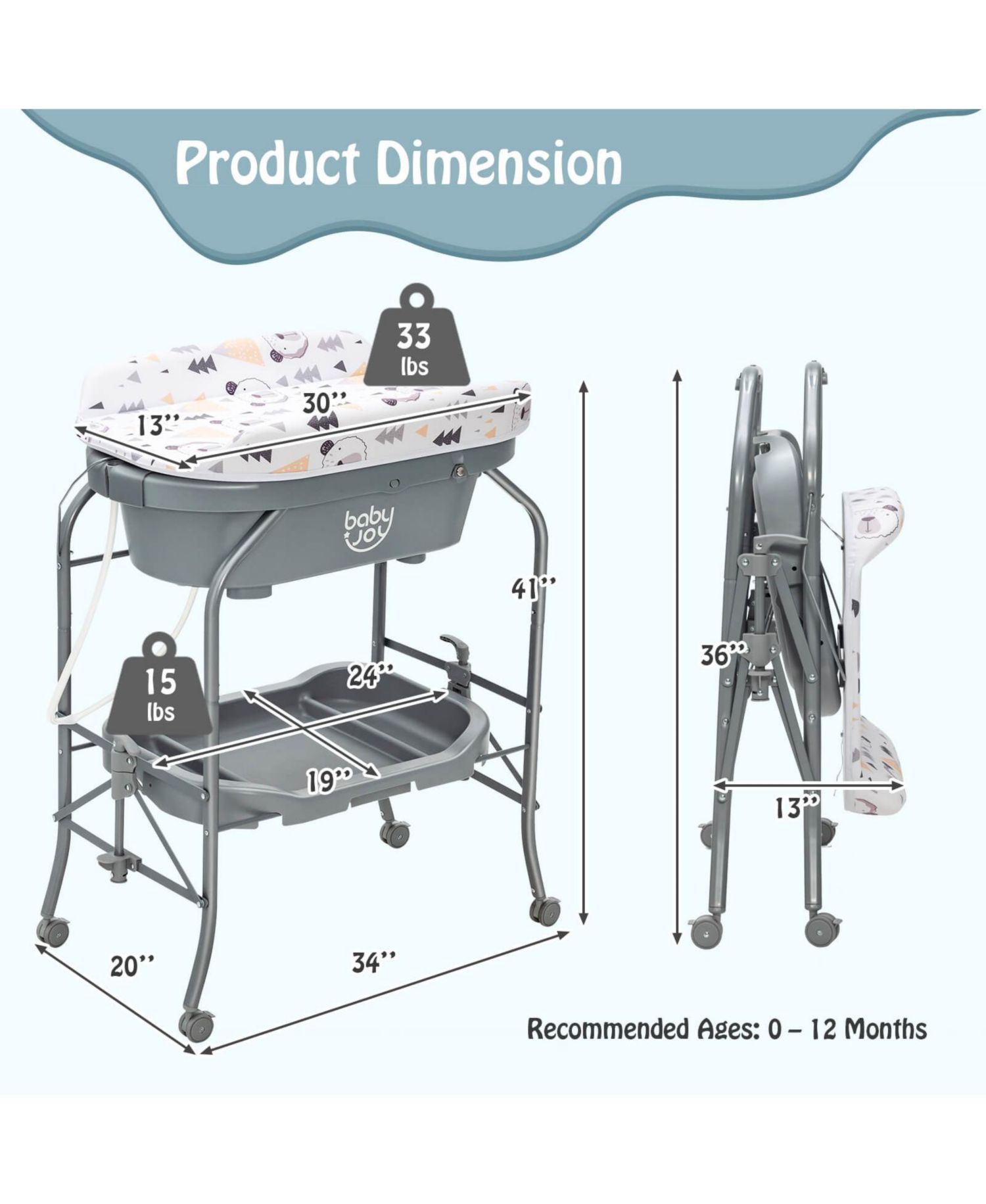 Portable Baby Changing Table with Storage Basket and Shelves