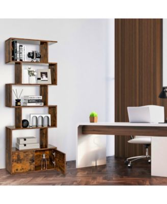 6-Tier S-Shaped Freestanding Bookshelf with Cabinet and Doors