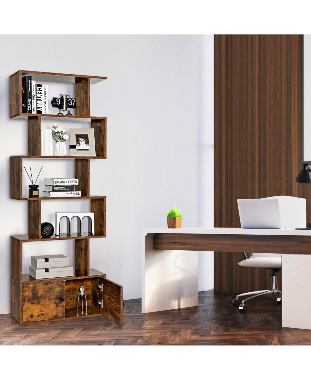 6-Tier S-Shaped Freestanding Bookshelf with Cabinet and Doors
