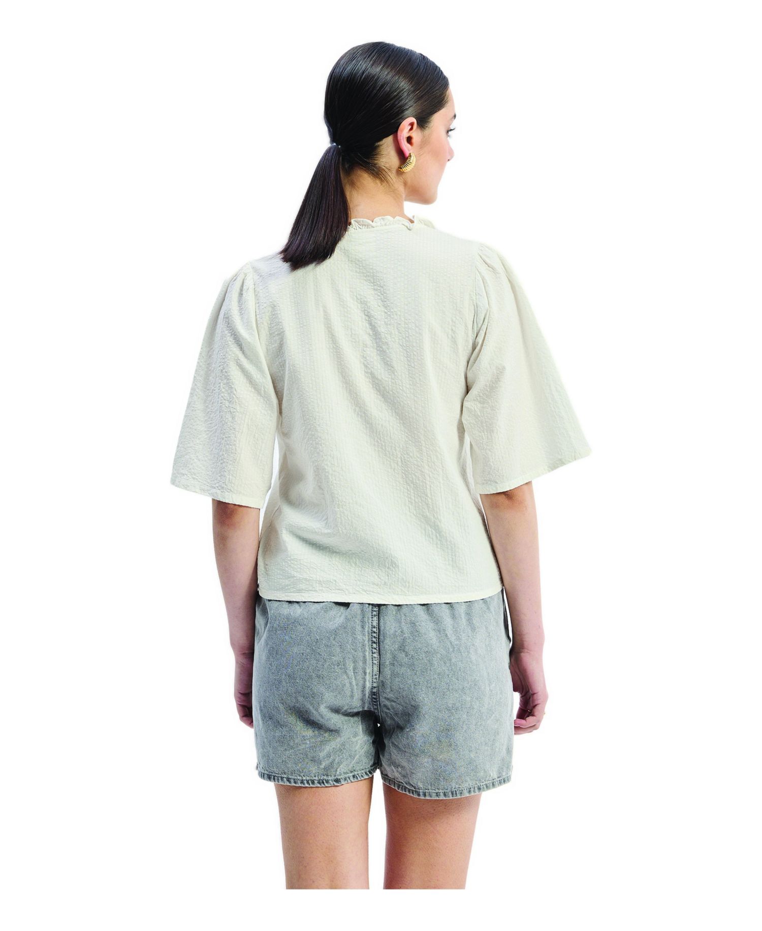 Women's Relaxed Fit Top With Ruffles and Front-Ties in Cream