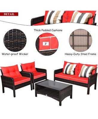 4PCS Patio Rattan Furniture Set Loveseat Sofa Coffee Table Garden W/Red Cushion