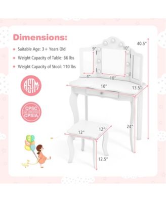 Kid Vanity Table Stool Set with Tri-Folding Mirror and 3-Color LED Lights
