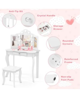 Kid Vanity Table Stool Set with Tri-Folding Mirror and 3-Color LED Lights