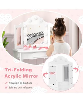 Kid Vanity Table Stool Set with Tri-Folding Mirror and 3-Color LED Lights