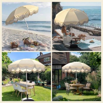 6Ft Fringe Patio Umbrella with Push Button Tilt Carry Bag UV30+ Outdoor Beach Yard Pool Party Deck Purple Stripe