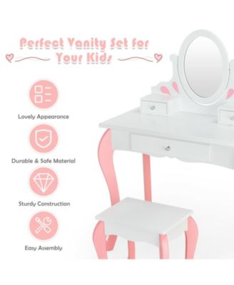 Kids Vanity Princess Makeup Dressing Table Stool Set with Mirror and Drawer