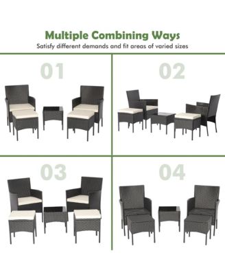 5 Piece Patio Rattan Conversation Set Outdoor Wicker Sofa Set  with 2 Ottomans