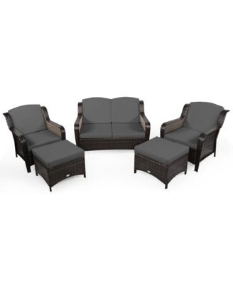 5 Piece Outdoor Patio Rattan Conversation Sofa Furniture Set w/ Cushions