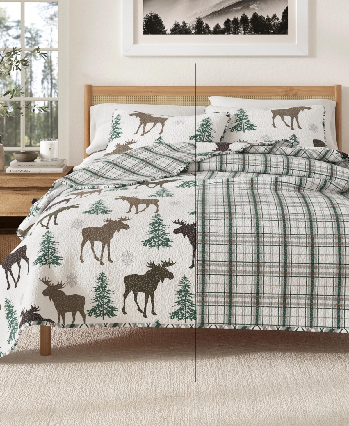 Linery & Co. Moose & Evergreens Microfiber Quilt Set With Shams - Moose