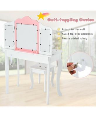 Kids Princess Vanity Table and Stool Set with Tri-folding Mirror and Drawer