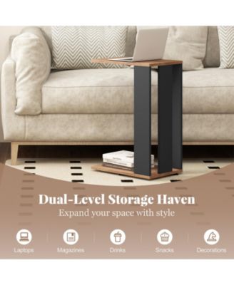 2-Tier C-Shaped Side Table with Universal Wheels and Shelf