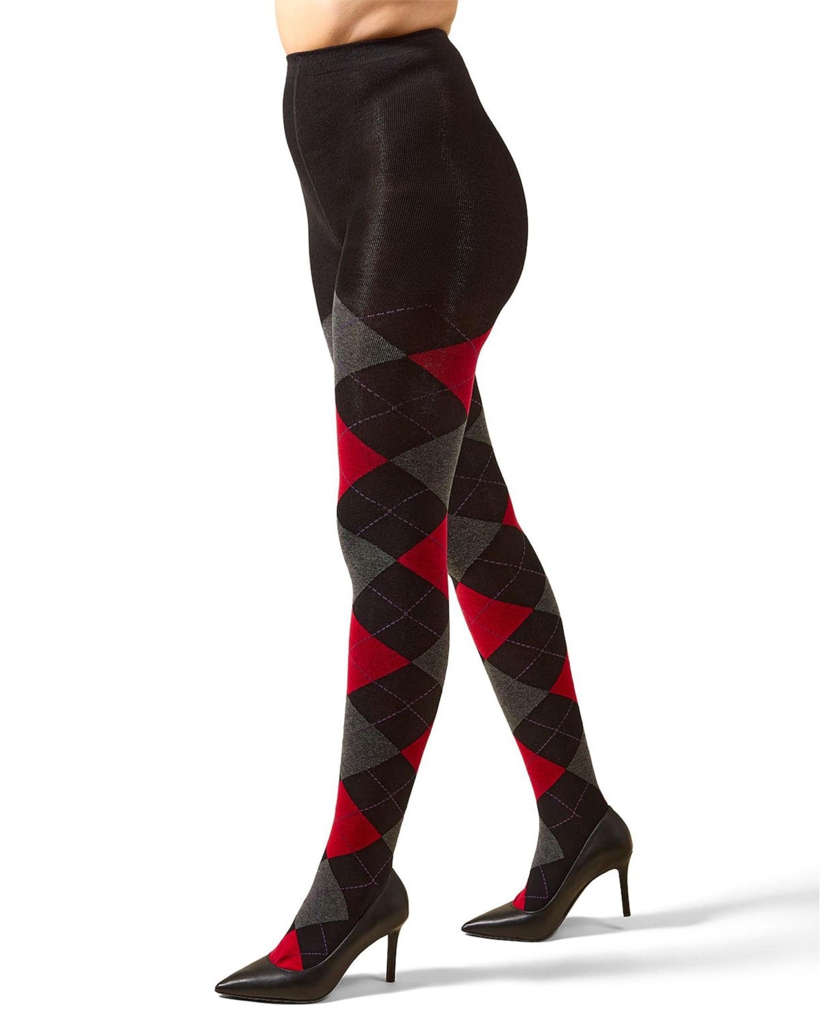 Memoi Argyle Sweater Tights In Black-red